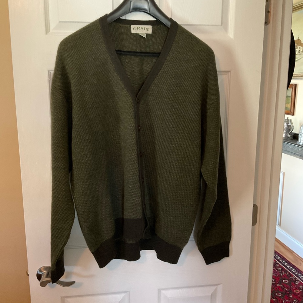 Orvis 100% Wool Cardigan XXL Olive Green Button Front Sweater